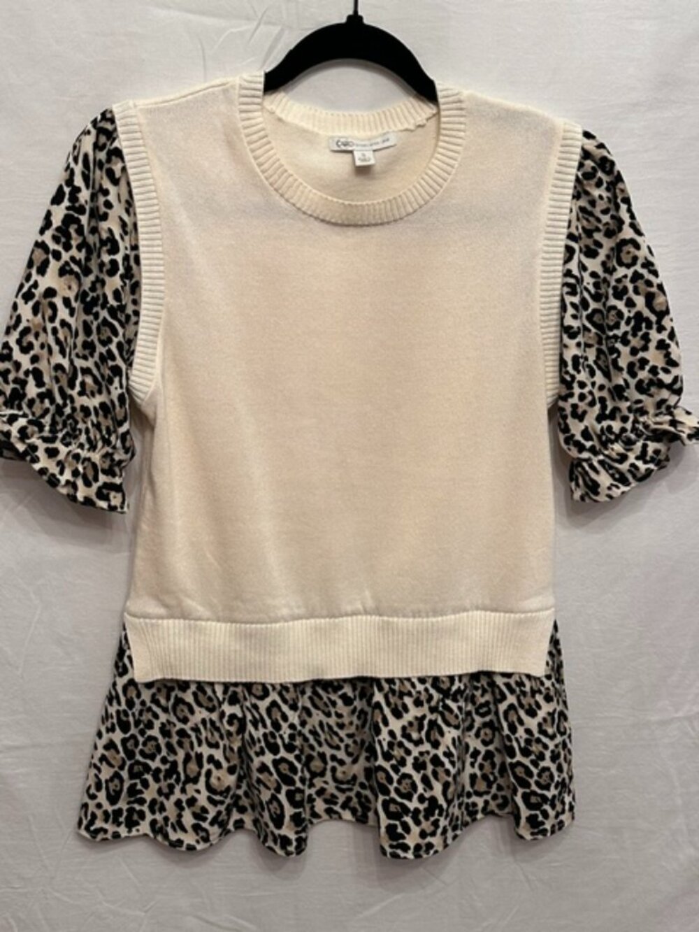 Cato Cream Leopard Print Sweater Knit Mixed Media Top Women's Small